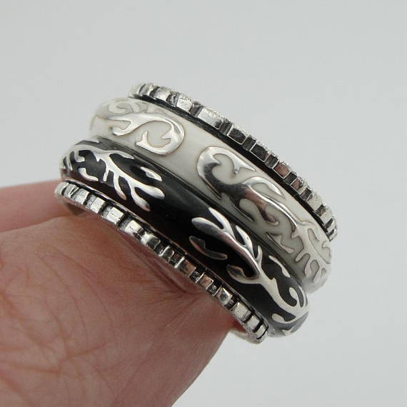 Fabulous Handmade Sterling Silver 925 Black Ceramic Ring Unisex Ring Swivel Ring