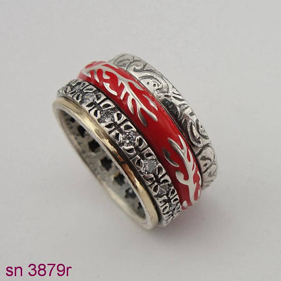 Fabulous Handmade Silver, Swivel Ring ,925 Sterling Silver Ring With Red Ceramic Rings