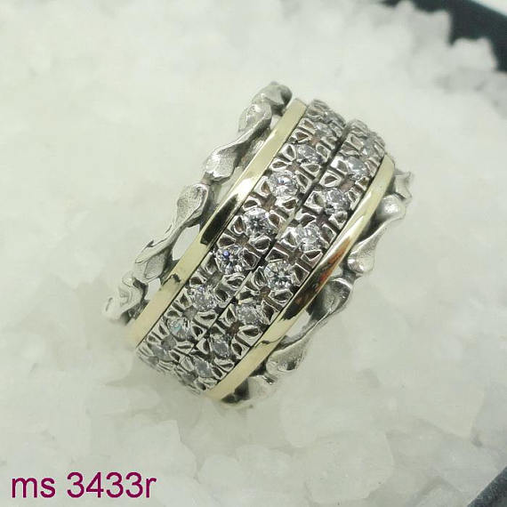 Fabulous Handmade Silver, Swivel Ring ,925 Sterling silver ring with two lines inlad white zircon