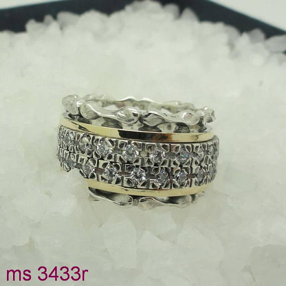 Fabulous Handmade Silver, Swivel Ring ,925 Sterling silver ring with two lines inlad white zircon