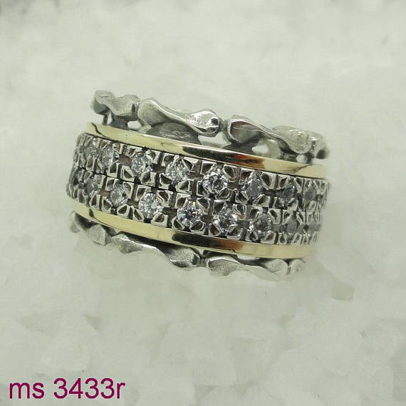 Fabulous Handmade Silver, Swivel Ring ,925 Sterling silver ring with two lines inlad white zircon