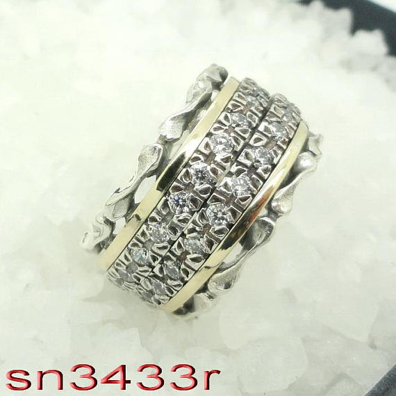 Fabulous Handmade Silver, Swivel Ring ,925 Sterling silver ring with two lines inlad white zircon