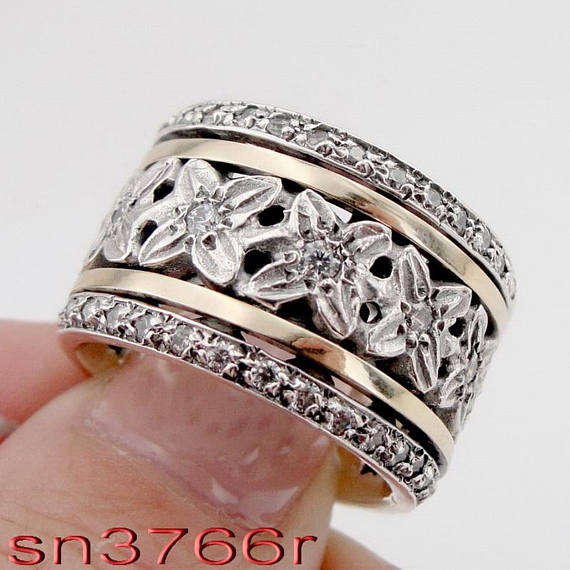 New 9K Yellow Gold and 925 Silver Swivel band, King Ring, Wedding band,flower ,zircon, Wedding Gift, Wedding bands size 7.5 (sn 3766r