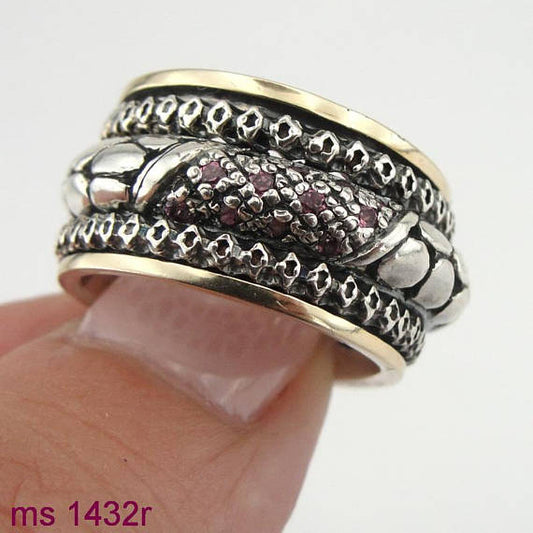 9K Yellow Gold & 925 Silver Swivel Ring with Red Zircon (sn 1432)