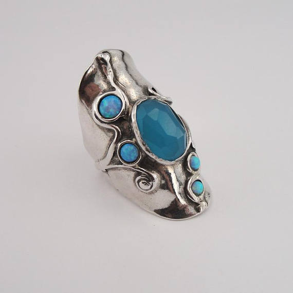 Blue Opal Ring, Long 925 Silver Opal Ocean Quartz Ring, Blue Stone Ring, Birthday Gift, Opal Jewelry, October Birthstone