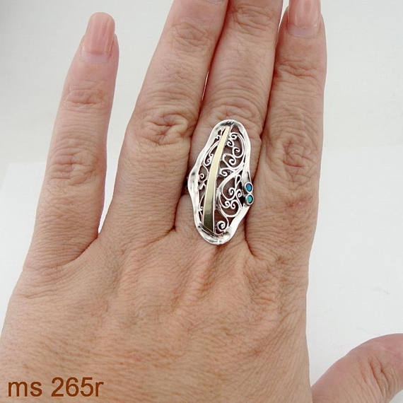 Fine opal Ring, 925 Silver 9K Yellow Gold opal Ring,green stone ring. Free Shipping, Israeli Jewelry, Gift (ms 265r