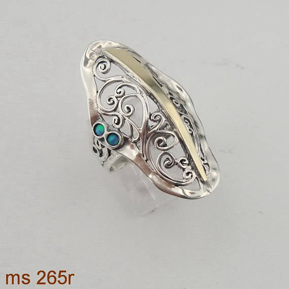 Fine opal Ring, 925 Silver 9K Yellow Gold opal Ring,green stone ring. Free Shipping, Israeli Jewelry, Gift (ms 265r