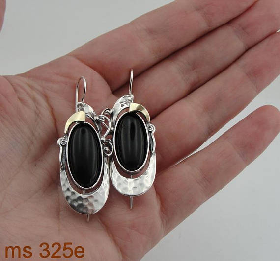 9k Yellow Gold Sterling Silver Black Onyx Earrings Handmade Israeli Jewelry