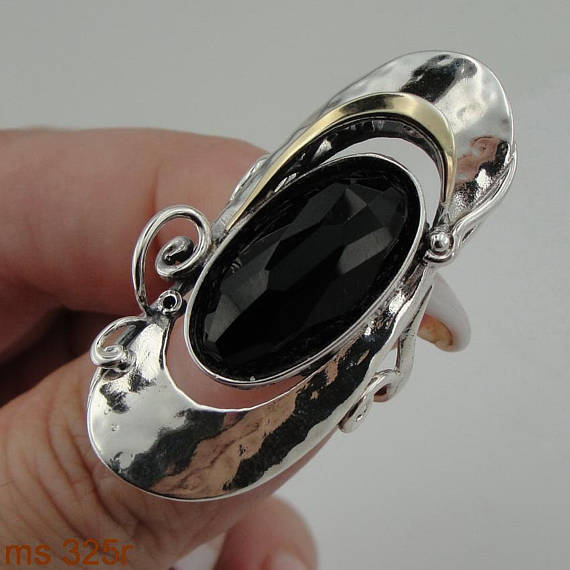 Hadar Designers 9k Yellow Gold 925 Silver Onyx Ring Unisex Long Ring