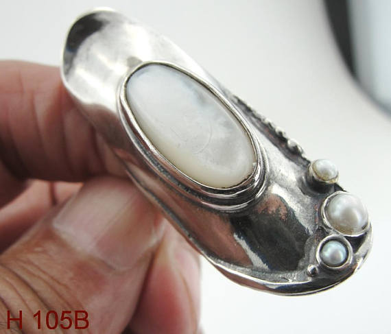 Long Sterling Silver ring with mother of pearl