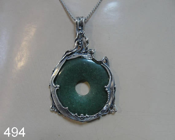 Round Pendant, Sterling silver and Natural agate, dark green gemstone, Unisex Pendant, jewelry for men, jewelry for men, unisex pendant