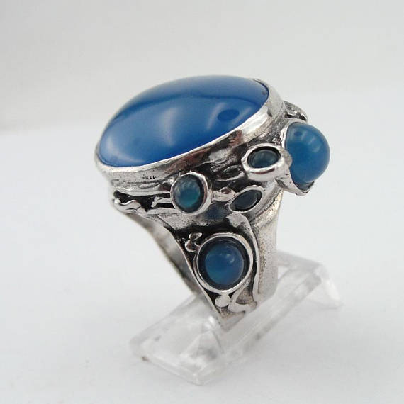 Hadar Designers Blue Agate Ring Handmade 925 Silver size