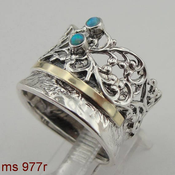 Fine Opal Ring 925 Silver 9K Yellow Gold Ring Green Stone Israeli Jewelry Chunky Ring