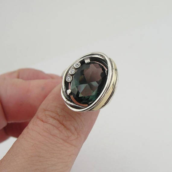 925 Labradorite ring, Silver and Gold Ring, Handcrafted Israeli Jewelry, Yellow Gold ring, Gift , Natural Stone Ring (ms 605r