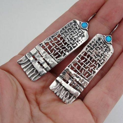 Hadar Designers NEW Handmade Sterling Silver Long Blue Opal Earrings