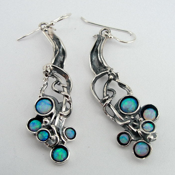 Silver  Long Sterling Silver Opal Earrings (H 2103)