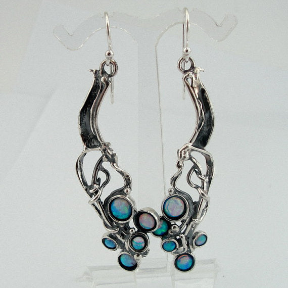 Silver  Long Sterling Silver Opal Earrings (H 2103)