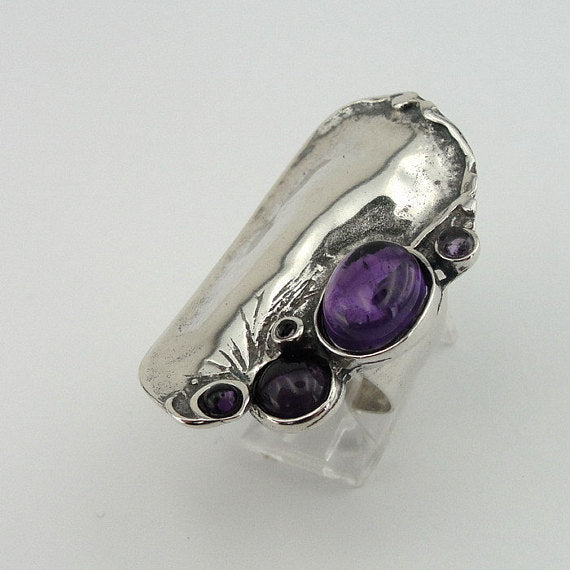 Bold Sterling Silver Amethyst Ring Elegant Israeli Jewelry for Women Purple Stone Ring