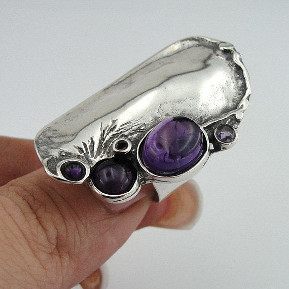 Bold Sterling Silver Amethyst Ring Elegant Israeli Jewelry for Women Purple Stone Ring