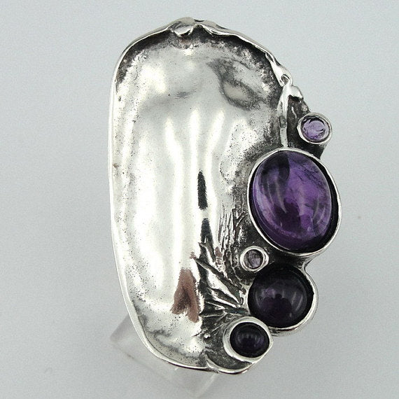 Bold Sterling Silver Amethyst Ring Elegant Israeli Jewelry for Women Purple Stone Ring