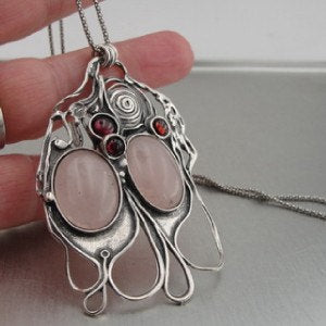 Hadar Israel HandMade Artist Huge Silver Garnet Rose Quartz Pendant