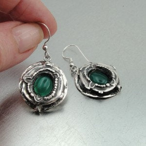 Hadar NEW Israel Long Sterling Silver Green Agate Earrings (H 256)y