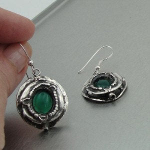 Hadar NEW Israel Long Sterling Silver Green Agate Earrings (H 256)y