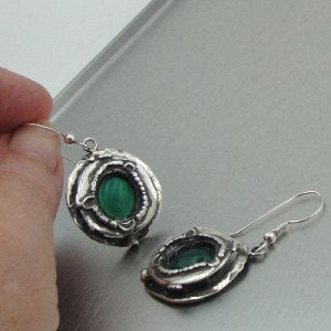 Hadar NEW Israel Long Sterling Silver Green Agate Earrings (H 256)y