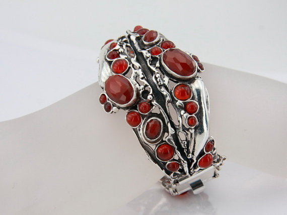 Red Carnelian Sterling Silver Bracelet Statement Brace Israeli Jewelry