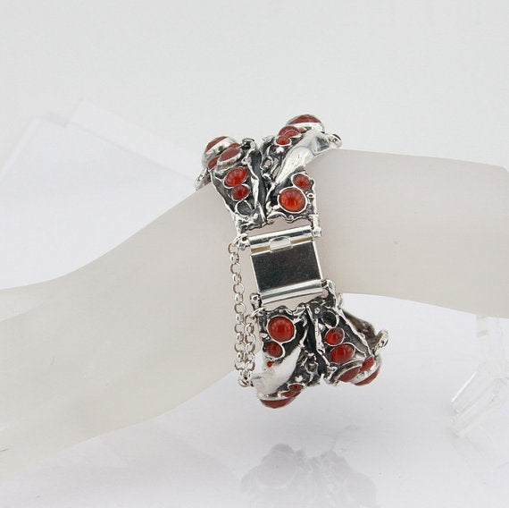 Red Carnelian Sterling Silver Bracelet Statement Brace Israeli Jewelry