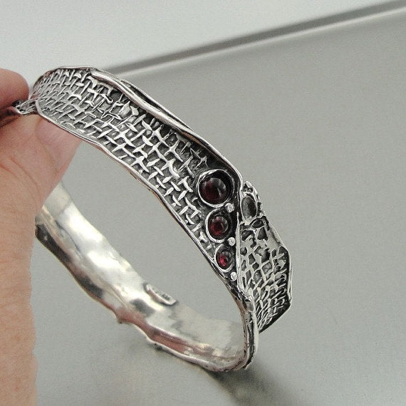 Hadar Handcrafted Artistic Solid Silver Garnet Bracelet January Birthstone Jewelry Gift for Her
