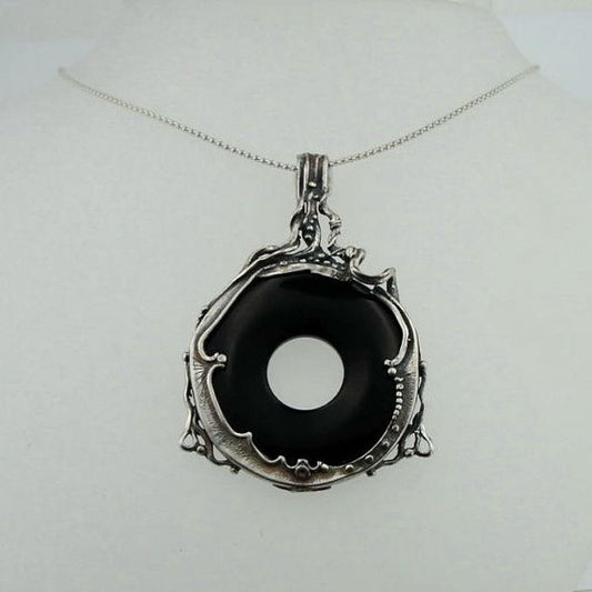 Hadar Handcrafted Large Sterling Silver Onyx Pendant Gift for December Babies