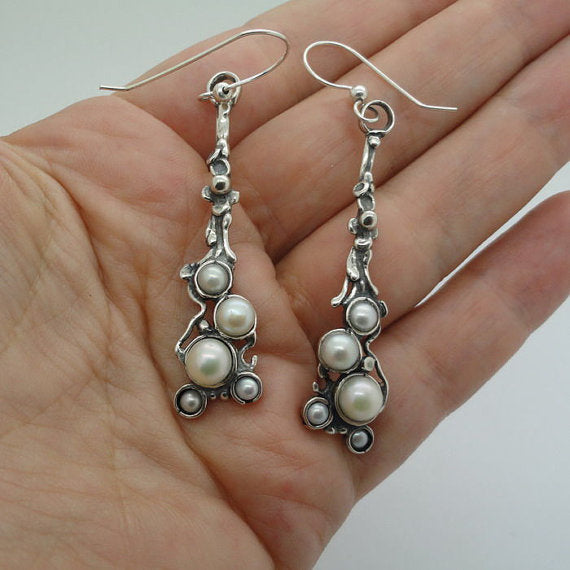 Hadar NEW Long Sterling Silver Cluster Pearl Earrings (h 2107)
