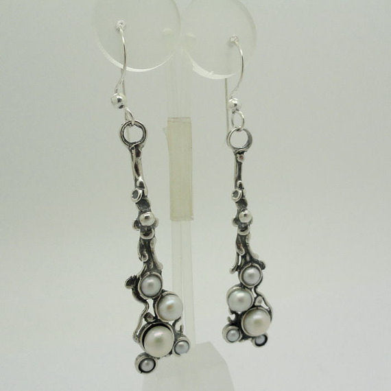 Hadar NEW Long Sterling Silver Cluster Pearl Earrings (h 2107)