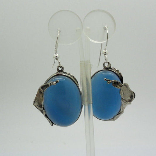 New Israel Handmade Fabulous Sterling Silver Blue Agate Earrings (H 234)