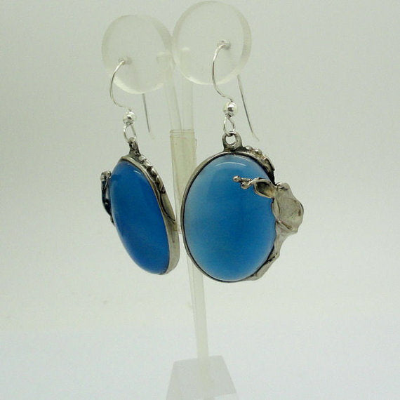 New Israel Handmade Fabulous Sterling Silver Blue Agate Earrings (H 234)