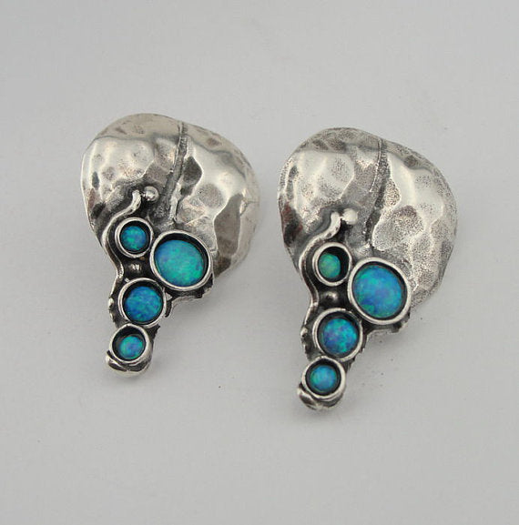 Roundish Mid-Size Sterling Silver Earrings With Opal Gemstones