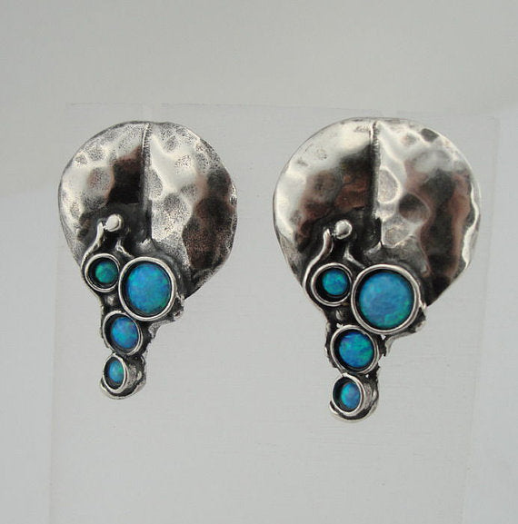 Roundish Mid-Size Sterling Silver Earrings With Opal Gemstones