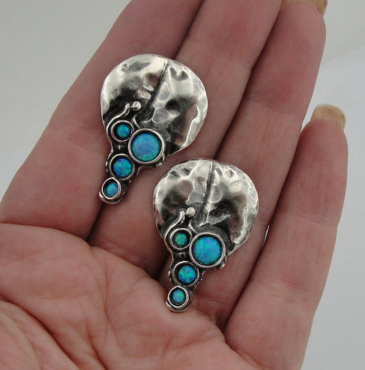 Roundish Mid-Size Sterling Silver Earrings With Opal Gemstones