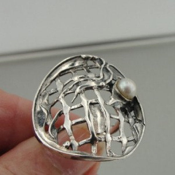 Hadar Fine Handcrafted Sterling Silver Net fresh water Pearl Ring size 8 (114