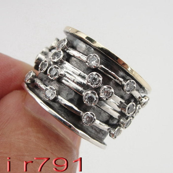 silver & Gold Swivel Ring with Zircons (I r652)