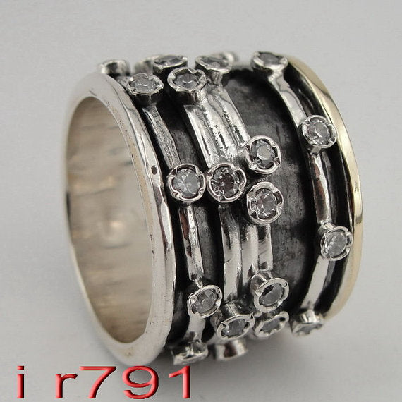 silver & Gold Swivel Ring with Zircons (I r652)