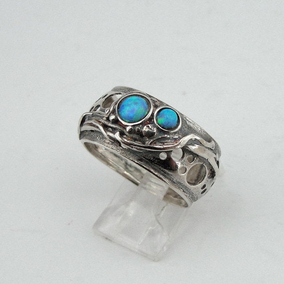 Isarel design 925 Sterling Silver wide band Opal woman Ring size 9 gift (h 1332b