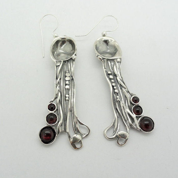 925 Long Sterling Silver Garnet Earrings, Red Stone Earrings, Handmade earrings (H 242)