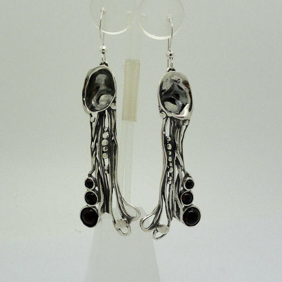 925 Long Sterling Silver Garnet Earrings, Red Stone Earrings, Handmade earrings (H 242)