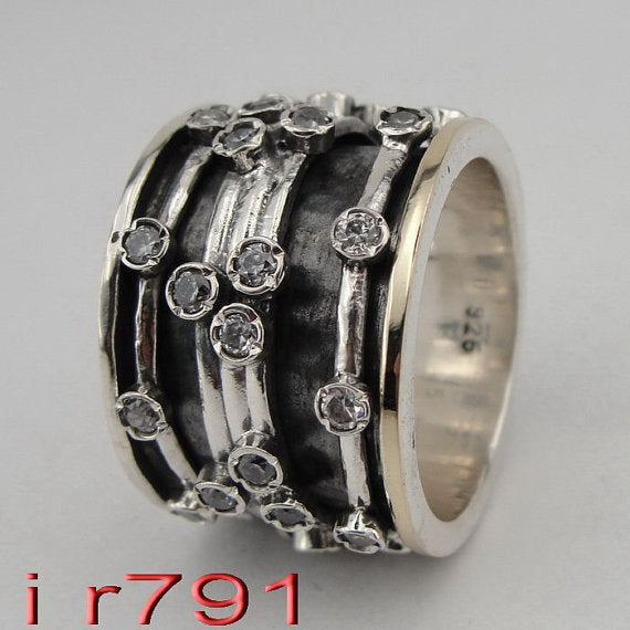 silver & Gold Swivel Ring with Zircons (I r652)