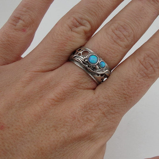 Isarel design 925 Sterling Silver wide band Opal woman Ring size 9 gift (h 1332b