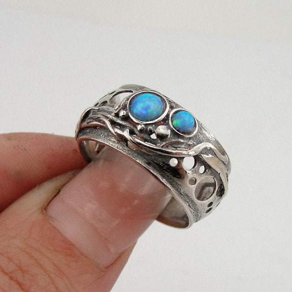 Isarel design 925 Sterling Silver wide band Opal woman Ring size 9 gift (h 1332b