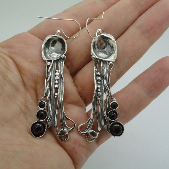 925 Long Sterling Silver Garnet Earrings, Red Stone Earrings, Handmade earrings (H 242)