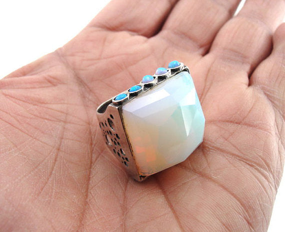 Israel Sterling Silver 925 Women Ring with Opal & Opalite Stones